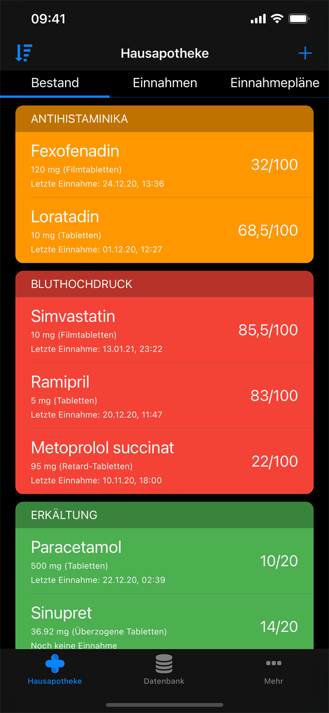 Dieselbe Hausapotheke im Dunkelmodus der App.