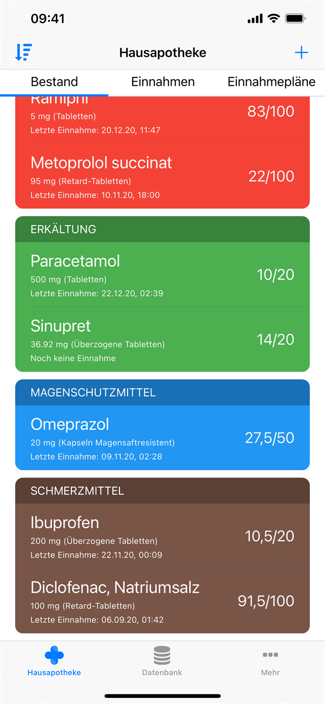 Hausapotheke, Reiter Bestand: Medikamente nach Kategorien gruppiert, mit Restbestand und letzter Einnahme.