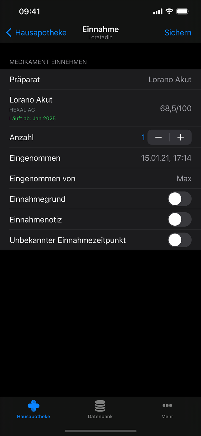 Einnahme erfassen: Präparat, Anzahl, Zeitpunkt, einnehmende Person sowie Grund und Notiz.