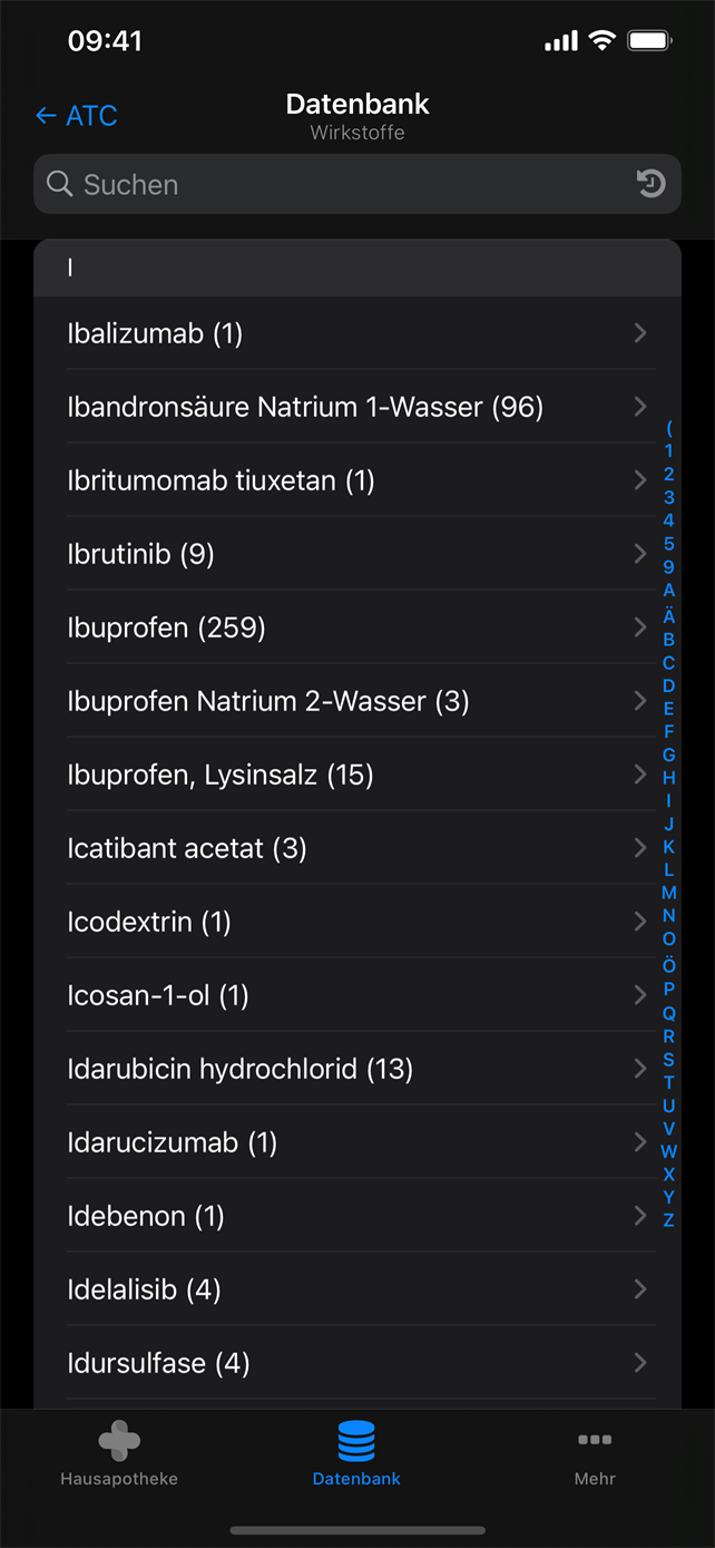 Alphabetisches Wirkstoffverzeichnis mit der Anzahl der Präparate je Wirkstoff.